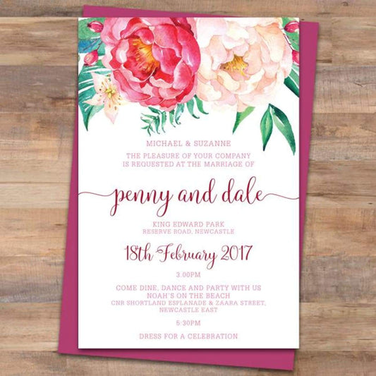 watercolour peonie wedding invitation