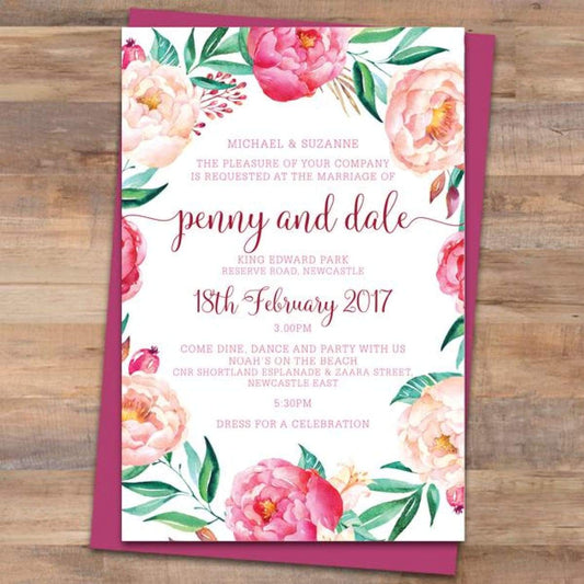 watercolour peonie wedding invitation