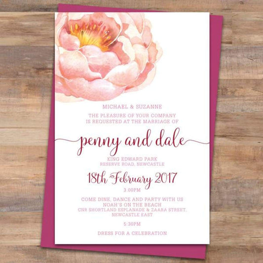 watercolour peonie wedding invitation