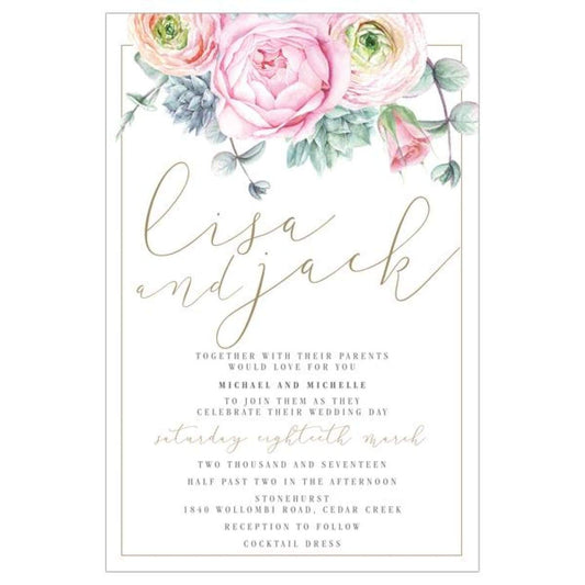 Elegant Pink Peonie Wedding Invitation with Gold Accents