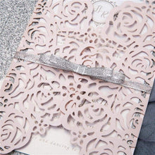 Blush pink Laser-cut wedding invitation Rose Gates silver ribbon