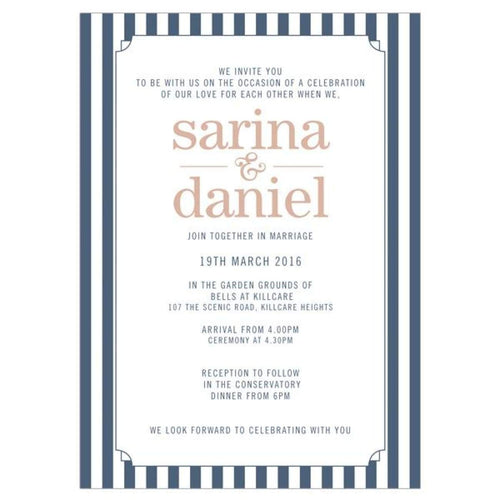 navy and cream pinstripe wedding invitation