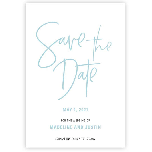 modern boho script save the date card blue