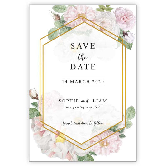 Save the date cards with white and blush pink peony florals in a gold geometric bordered design