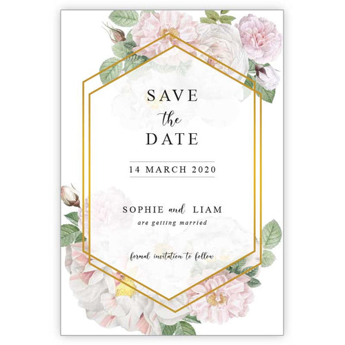 floral save the date cards with white peoniess pink peonies