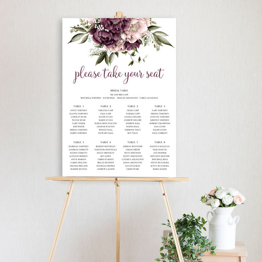 lushing Marsala Peonie - Table Seating Chart featuring burgundy and dusty pink peony flowers