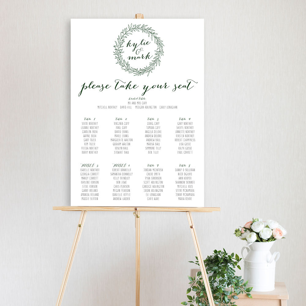 watercolour leaf wreath table seating chart