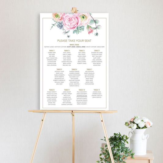 table seating chart featuring watercolour pink peonie flowers with eucalyptus leaves sitting on a timber easel