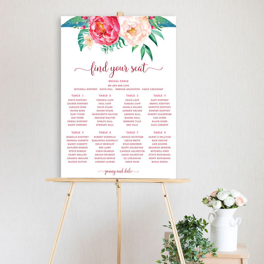 table seating chart featuring watercolour pink and peach flower design and sitting on a timber easel