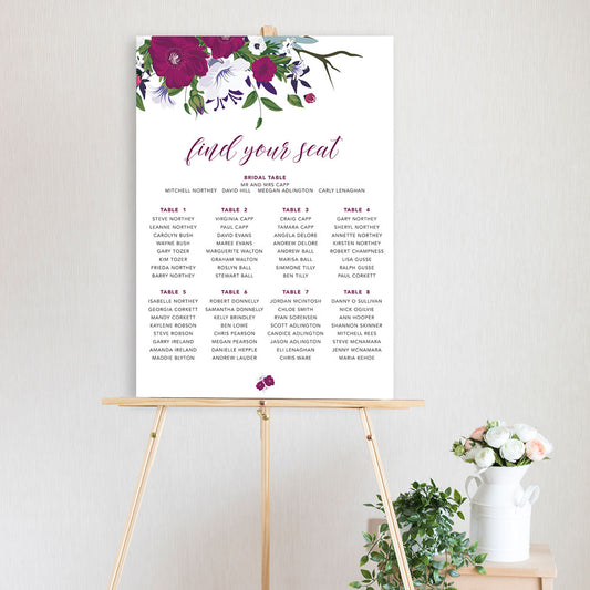 table seating chart featuring colourful flower  sitting on a timber easel