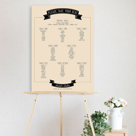 retro table seating chart sitting on a timber easel