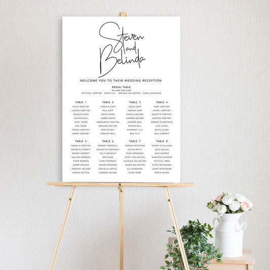 modern font black and white table seating chart sitting on a timber easel