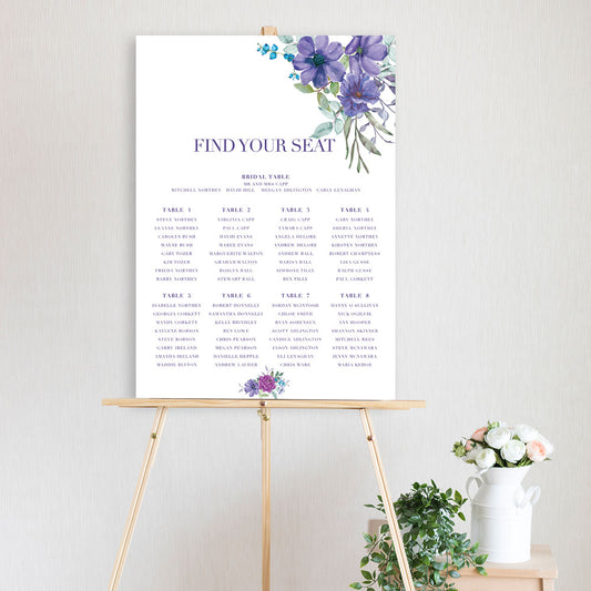 watercolour floral design featuring violet flowers for a table seating chart sitting on a timber easel
