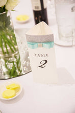 tri-fold table card with aqua ribbon silver glitter