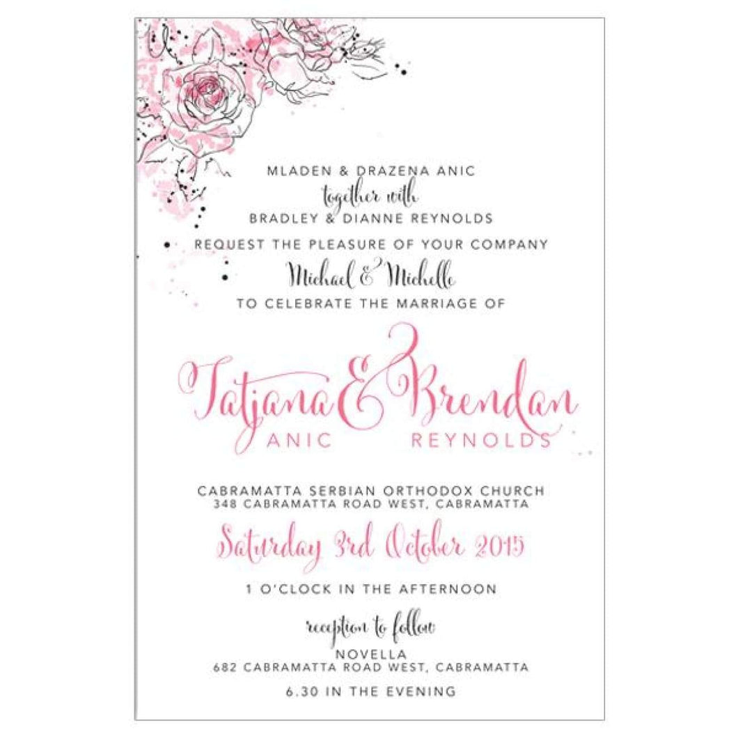 pink and black roses wedding invitation
