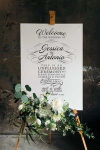 black and white script unplugged ceremony sign