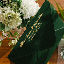 Emerld Green Velvet Envelope with gold foil address