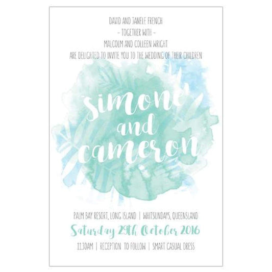 A watercolor design invitation featuring aqua colors and palm leaves, with text for a wedding invitation.