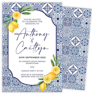 amalfi lemons blue white engagement invitations front and back