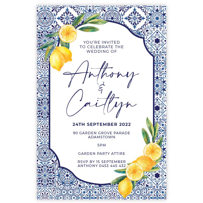 amalfi lemons blue white wedding invitations front