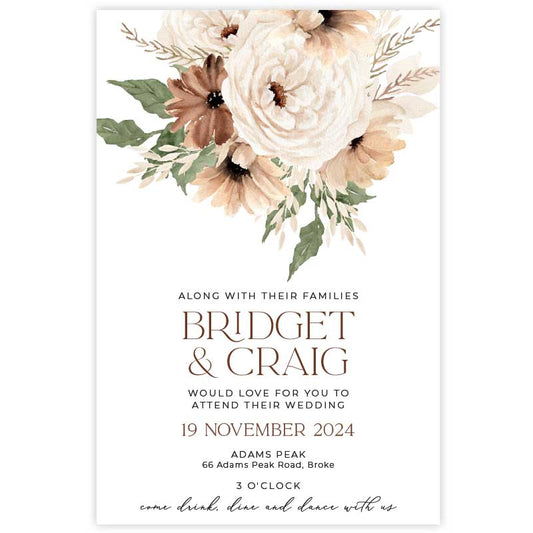Bohemian Elegance wedding invitation featuring cream and brown flowers with greenery set