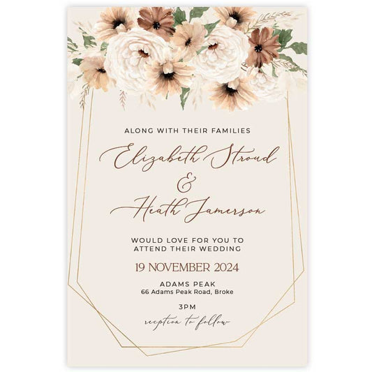 Bohemian Elegance Collection wedding invitation featuring boho cream and brown coloured flowers with greenery at the top of the invitation with a geometric brown/gold border