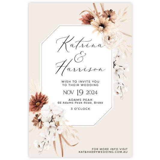 Bohemian Elegance wedding invitation featuring cream and brown flowers and white orchids with greenery set