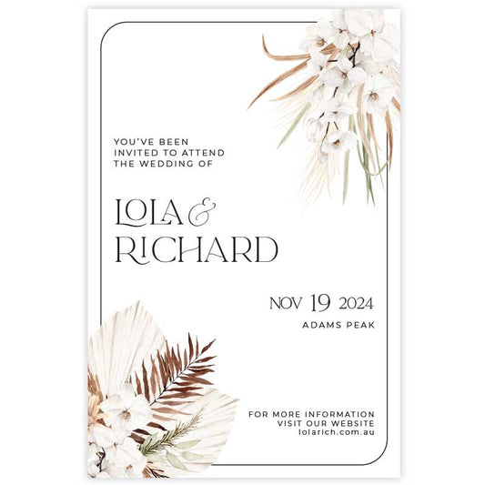 Bohemian Elegance wedding invitation in featuring white orchid flowers with dried leaves set