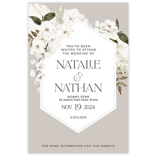 Bohemian Elegance wedding invitation in featuring white orchid flowers with dried leaves set