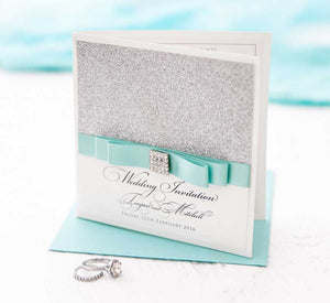 satin ribbon moonstone glitter wedding invitation