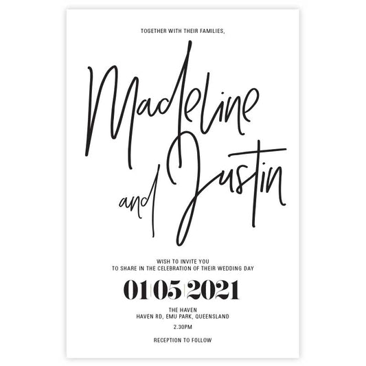 modern black wedding invitation with modern script font