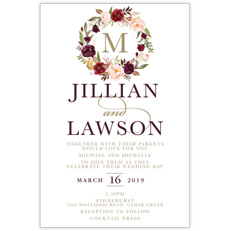 burgundy boho wreath acrylic wedding invitation