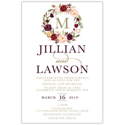 burgundy boho wreath acrylic wedding invitation