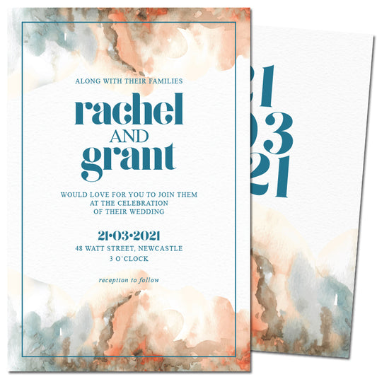 ombre orange brown blue wedding invitation 1