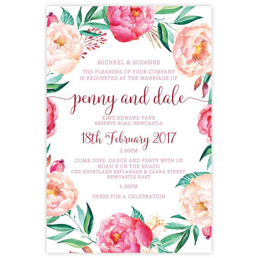 watercolour peonie wedding invitation