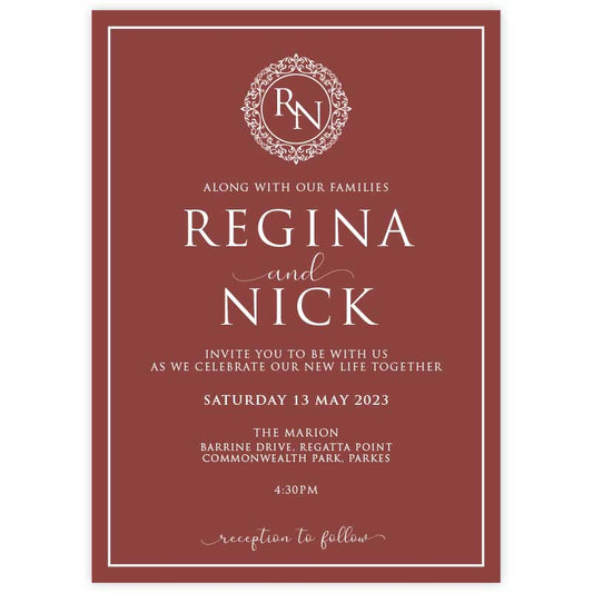 classic elegant monogram wedding invitation white ink marsala