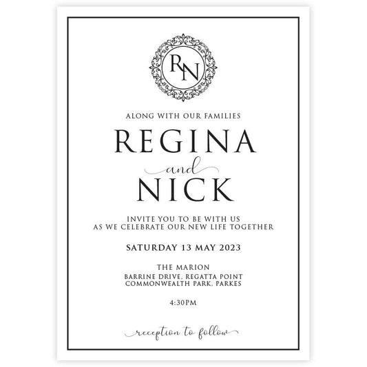classic elegant monogram wedding invitation black and white