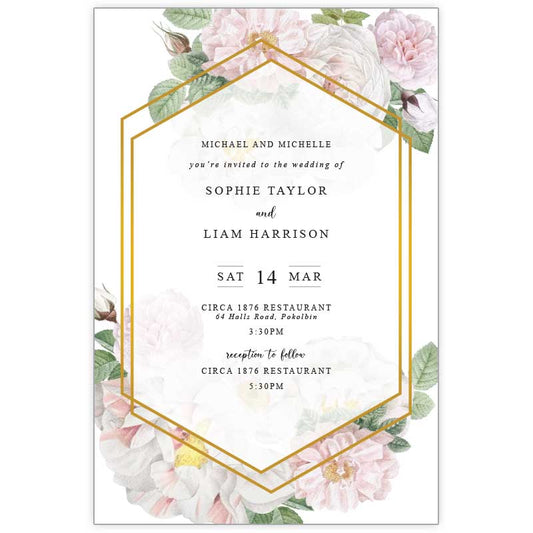 floral wedding invitation with white roses and pink peony flowers