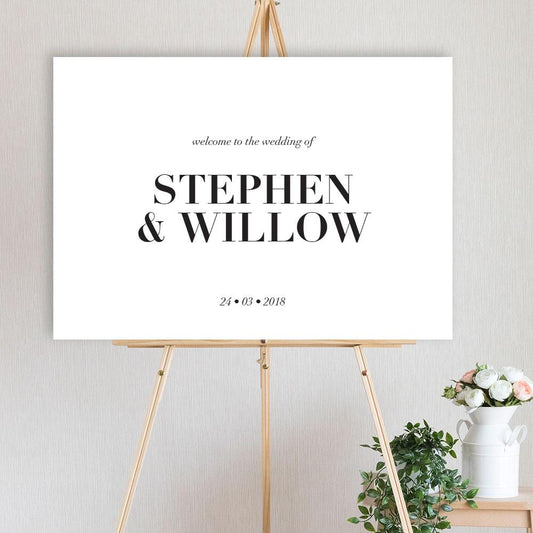 classic font welcome sign for wedding, engagement or birthday party, sitting on a timber easel
